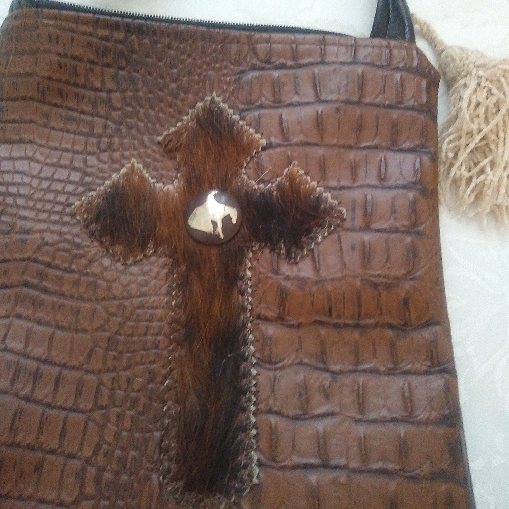 Fringe faux leather croc pattern Western boho crossbody - Picture 2 of 4
